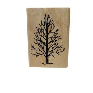 Vintage Tree Silhouette Mounted Rubber Stamp With Wooden Base